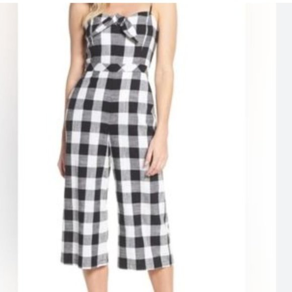FOREST LILY BLACK WHITE GINGHAM LINEN BLEND TIE FRONT CROPPED WIDE LEG JUMPSUIT - Picture 1 of 10